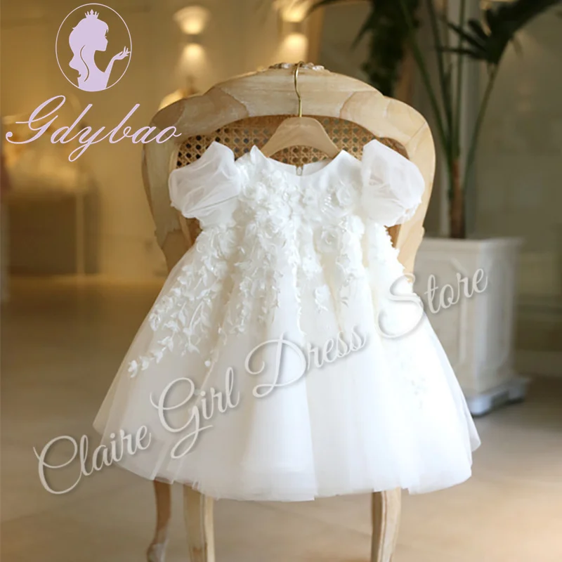 Customized Ivory Flower Girl Dress For Wedding Short Sleeves Appliques With Bow Princess Birthday Party First Communion Gown