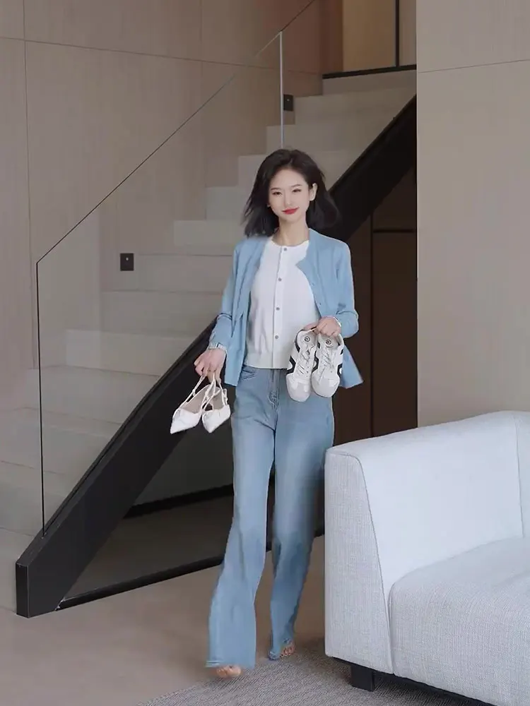 

Slimming Knitted Open Cardigan Casual Long Sve round Ne Simple Sle Autumn Faion Women's Top Korean Sle Commute Wind