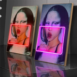 Mona Lisa with Lollipops Neon Pop Art Canvas Print Posters Canvas Painting Abstract Portrait Fashion Wall Art Picture Home Decor