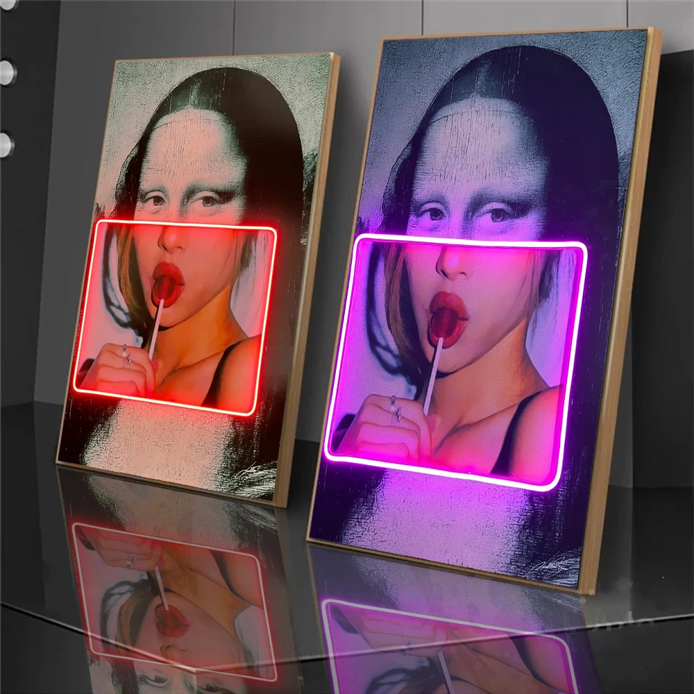 Mona Lisa z lizakami neonowe Pop Art druk na płótnie plakaty na płótnie obraz abstrakcyjny portret moda na ścianę obraz ozdobny