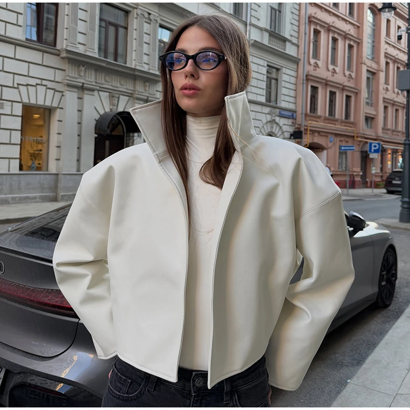 Women Waist Cinching Leather Jacket Solid Stand Neck Zipper Pocket Loose Jackets Lady New Vintage Fashion Street Outwear 2026