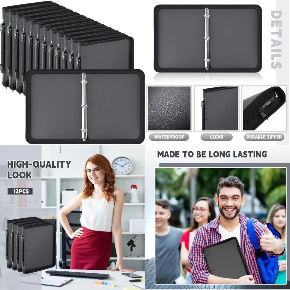 

Многоразовые папки на молнии с 3 кольцами, 12 упаковок прозрачных пластиковых органайзеров для файлов для управления проектными и надписями