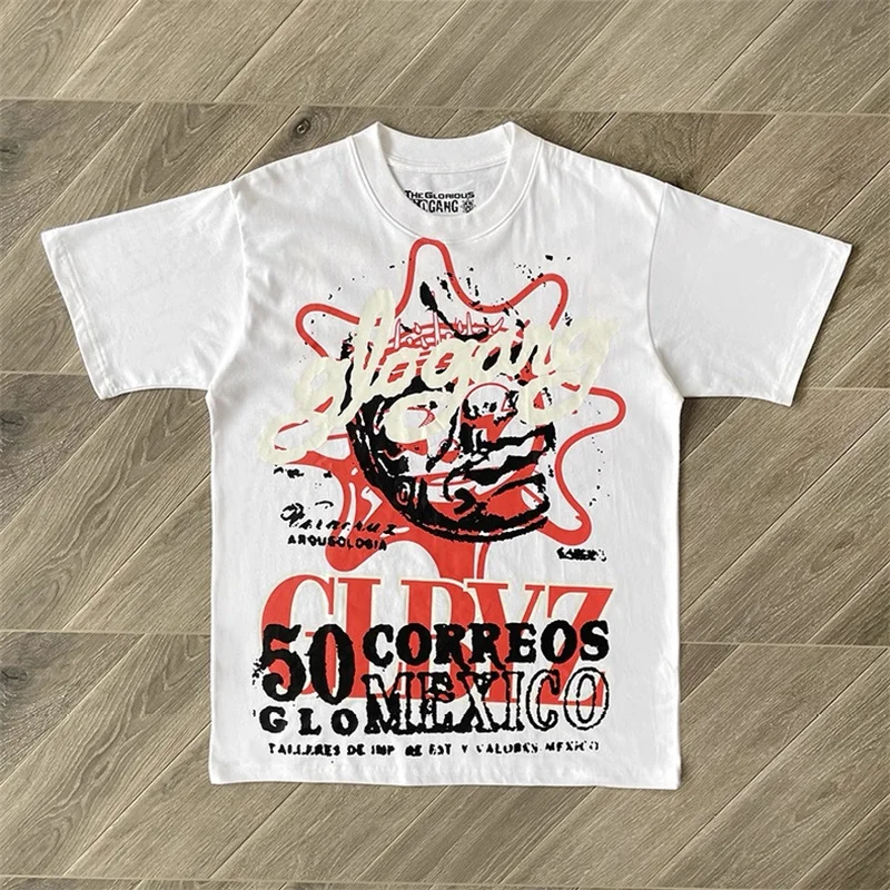 

Oversized Glo Gang Boyz White Pure Cotton Short Sleeve Men Women 1:1 Best Quality American Graffiti Printing T-Shirts Top Tees