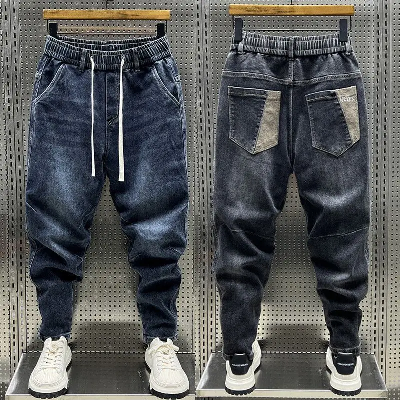 High Quality New 2024 Luxury Designer Casual Loose Drawstring Denim Jeans Men Full Length Wide Leg Streetwear Cowboy Harem Pants