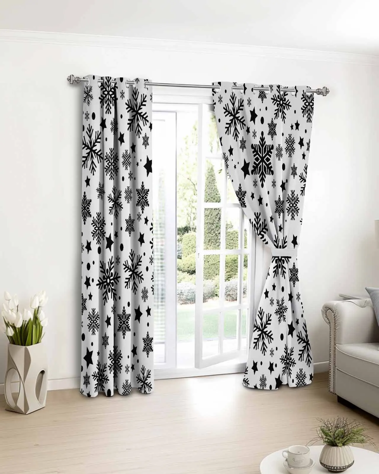 

2pcs, 1 panel Christmas Winter Black Snowflakes Polyester Window Curtains For Living Room Kitchen Bedroom Drapes