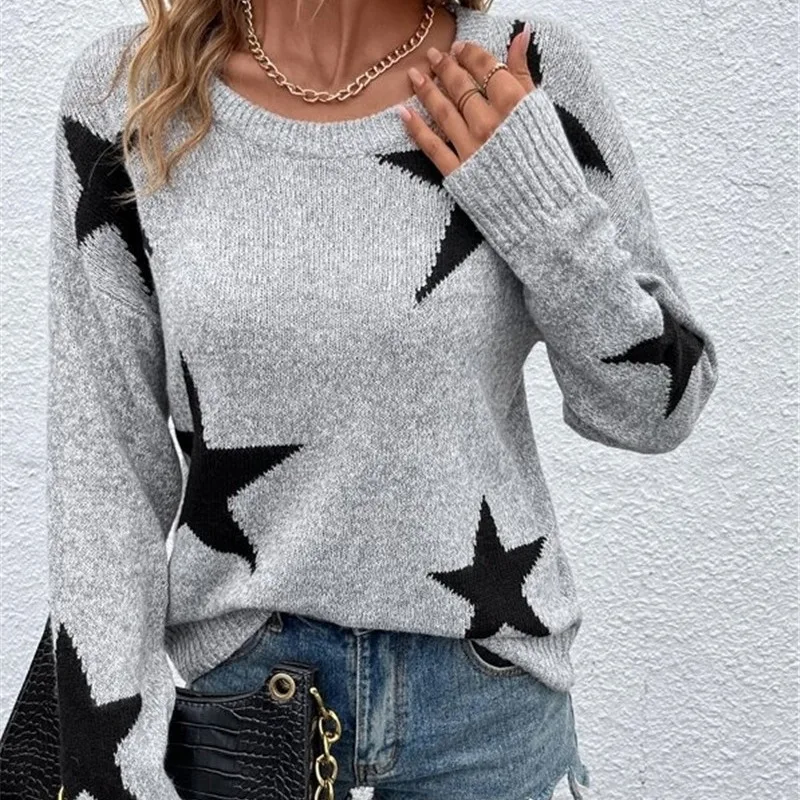 

Pullovers Jumpers Straight Elegant Lady Casual Autumn 2025 Women Sweaters Print Knit Long Sleeve Round Neck Spliced Top