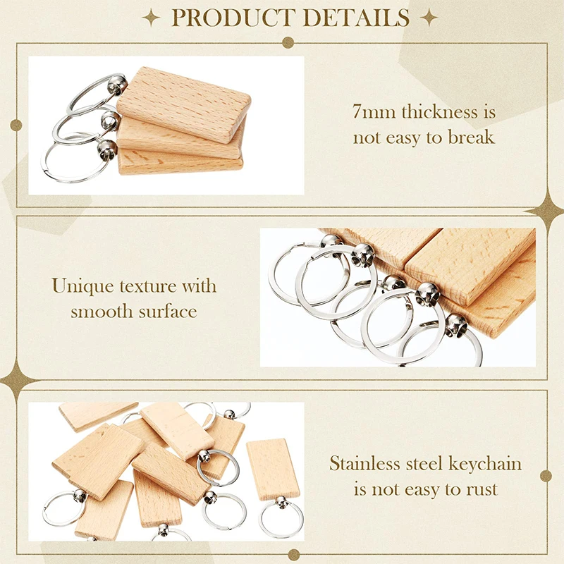50Pcs Wooden Keychain Rectangle Wood Blanks Key Chain Unfinished Wooden Key Ring Blank Key Tag for DIY Gift Crafts