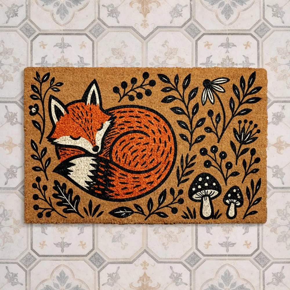 

Custom Forest Porch Doormat Personalized Sleeping Fox Woodland Wildlife Mat Cozy Mushroom Coir Rug Non Slip for Front Door Gift
