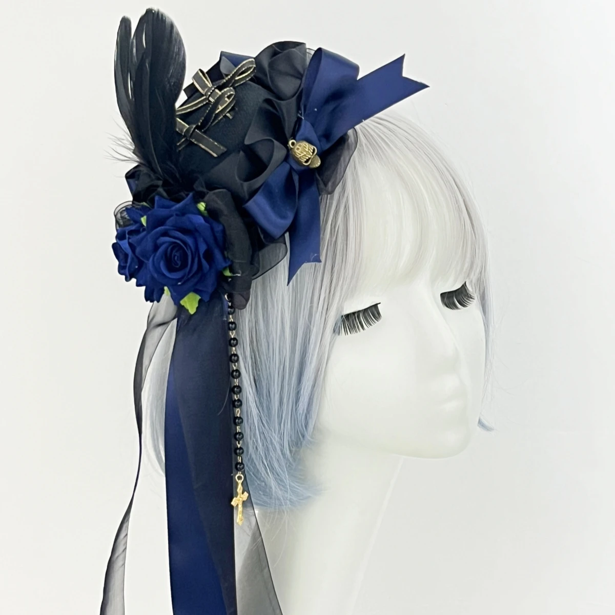 フェザー ゴスロリ 黒帽子 フラワーボール バレッタ ロリータ ヘッドドレス ローズ ロリータ ヘアアクセサリー