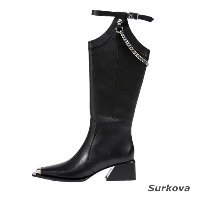 Women's Fashion Boots Thick Heel Spring and Autumn Metal Square Toe Chain Boots Knee Leisure High Boots Cavalry Boots Zipper