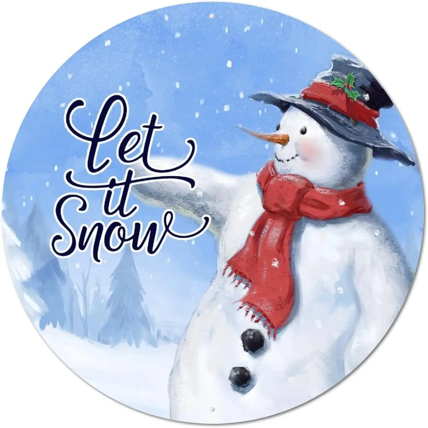 Round Metal Sign Plaque Christmas Snowman Let It Snow Circle Wreath Sign Vintage Pub Room Sign Plaque Decorative