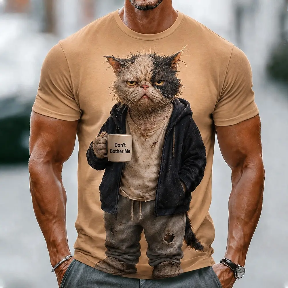 Men's Lazy Animal Coffee Print T-Shirt Golden Retriever Cat Hippo Hoodie Outfit Grumpy Morning Mood Graphic Crew Neck Tee