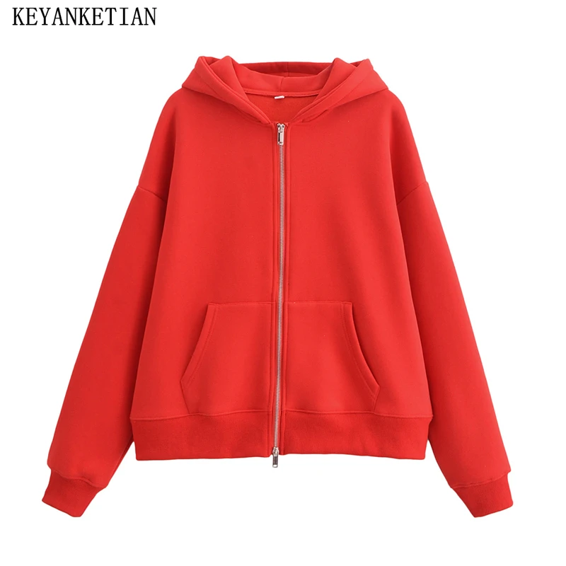 KEYANKETIAN 2024 Winter New Women's Fleece Hoodies Leisure style Front Pocket Zipper Oversize Solid color Thick Sweatshirts Coat