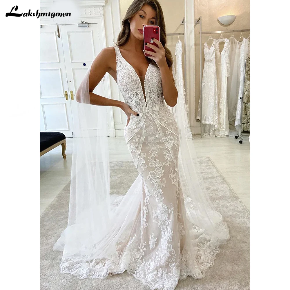 

Plunging V-Neck Double Straps Lace Appliques Mermaid Wedding DressFemale dress Floor-Lengthrobe de mariage sirene luxueuse