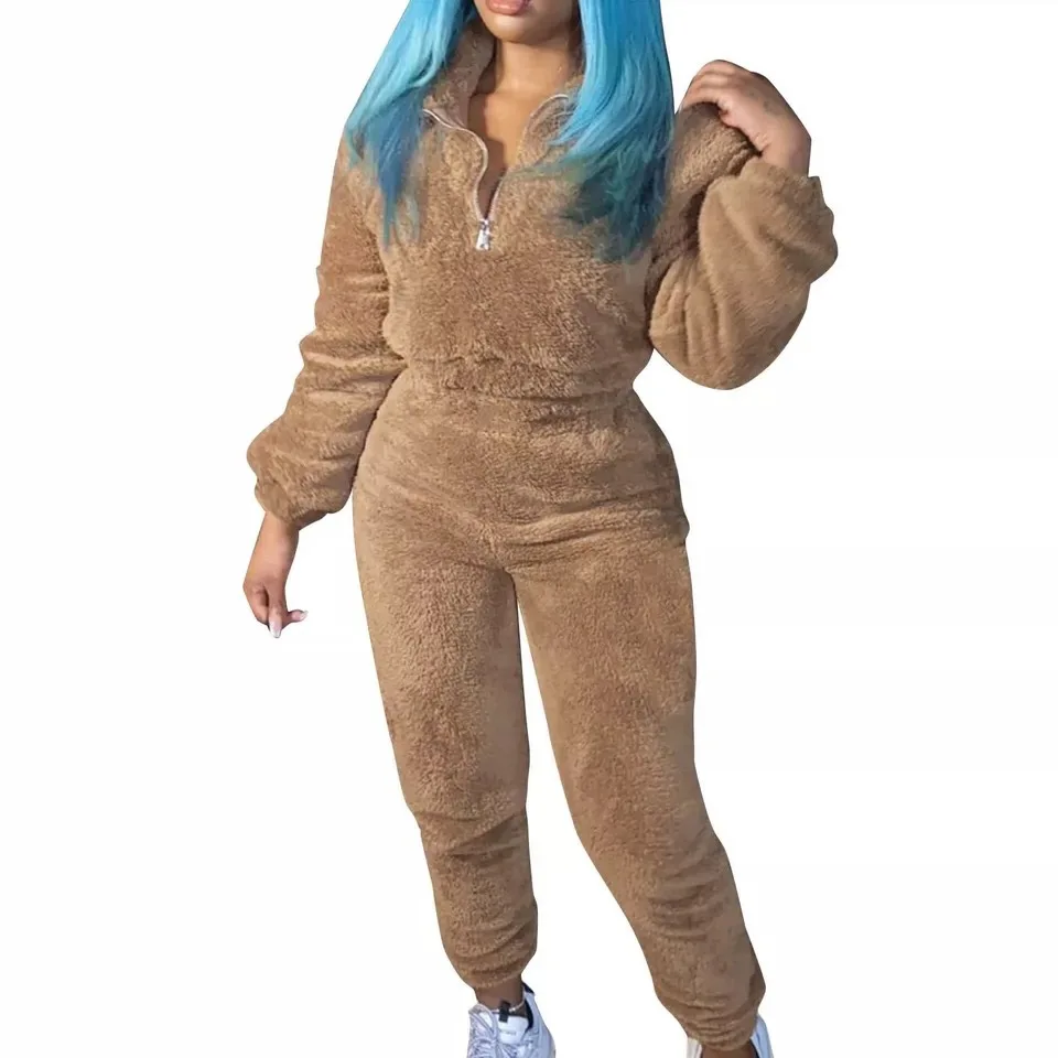 

new fashion zipper plush sweatshirt + wide leg pants two-piece sets women winter casual loose top and trousers suit for women