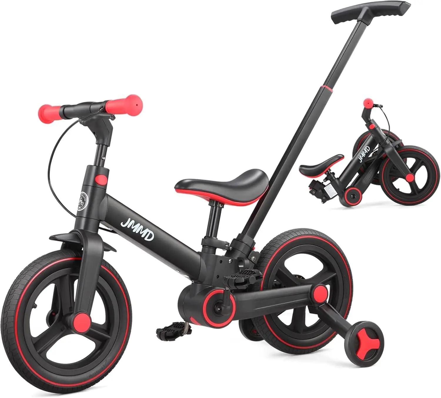 Peuterfiets met duwhandgreep voor kinderen van 18–60 maanden, 6-in-1 opvouwbare duwfiets met zijwieltjes, pedalen, remmen, standaard,