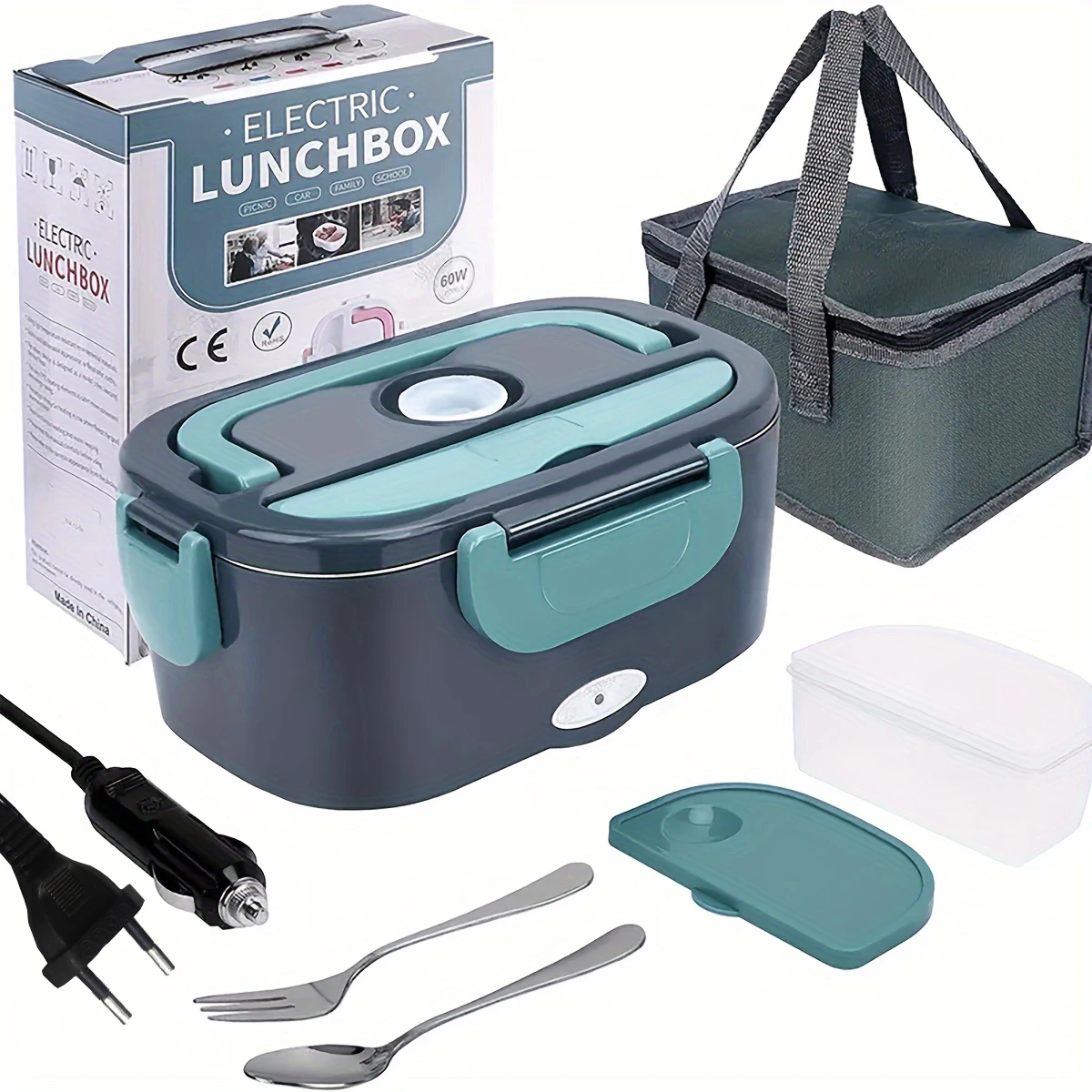 Portable Electric Lunch Box Food Heater Heating Lunch Box For Cars And Homes Stainless Steel Container Fork And Spoon And Portab