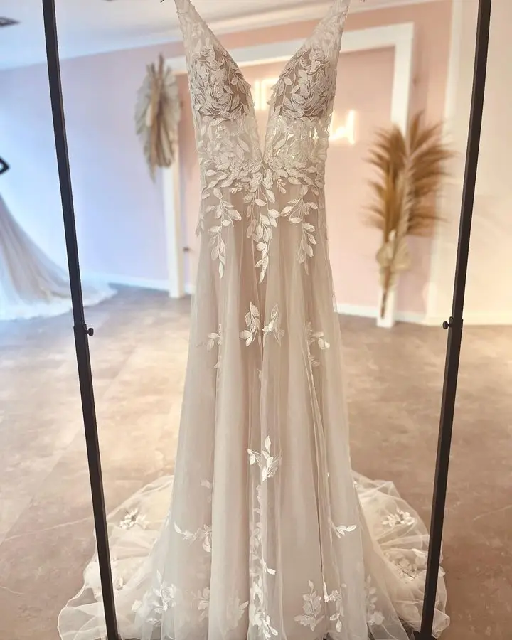 Luz champanhe boho vestido de casamento personalizado rendas apliques tule longo nupcial praia vestidos de casamento princesa