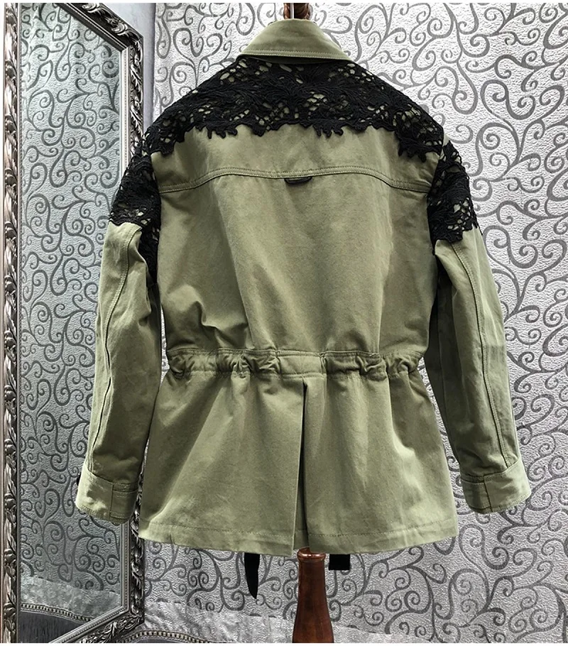 100%Cotton Jacket 2024 Autumn Winter Coat Outerwear Women Crochet Lace Embroidery Drawstring Waist Long Sleeve Green Coat Jacket