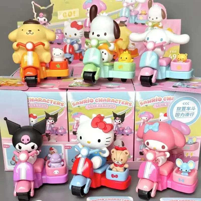 Mini caja ciega de la serie de motocicletas, juguetes Kawaii Hello Kitty Kuromi Cinnamoroll, adornos modelo, regalo de moda