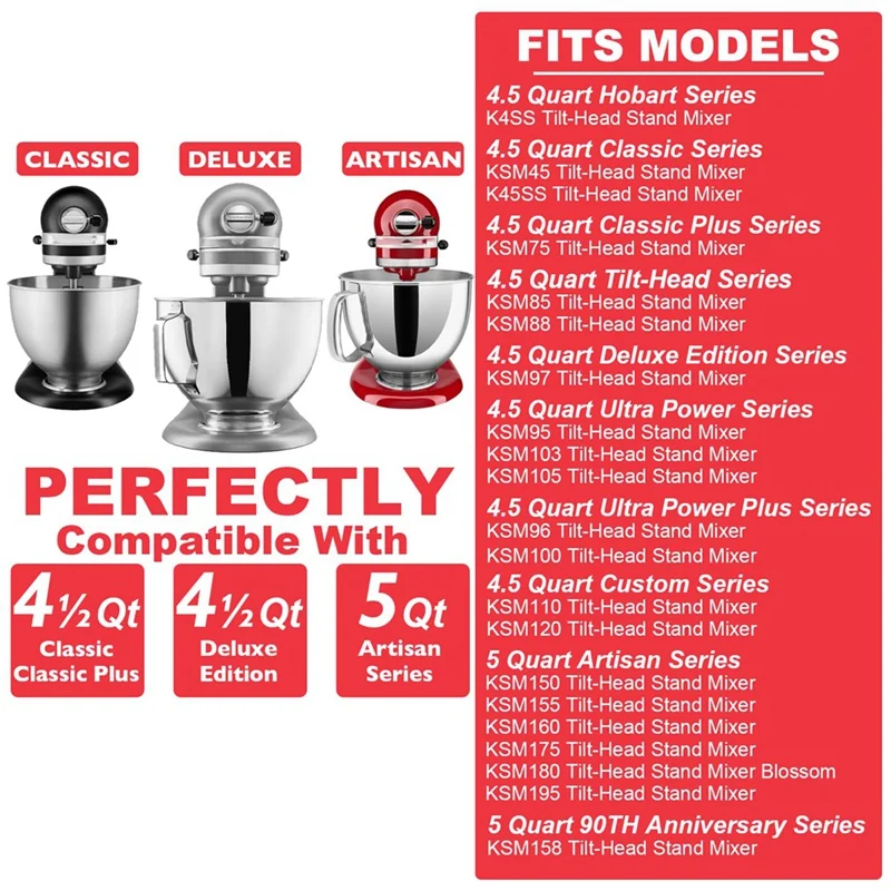 Roestvrijstalen accessoires voor Kitchenaid 4,5-5 Qt standmixer met kantelkop, inclusief 6-draads garde, platte klopper, deeghaak
