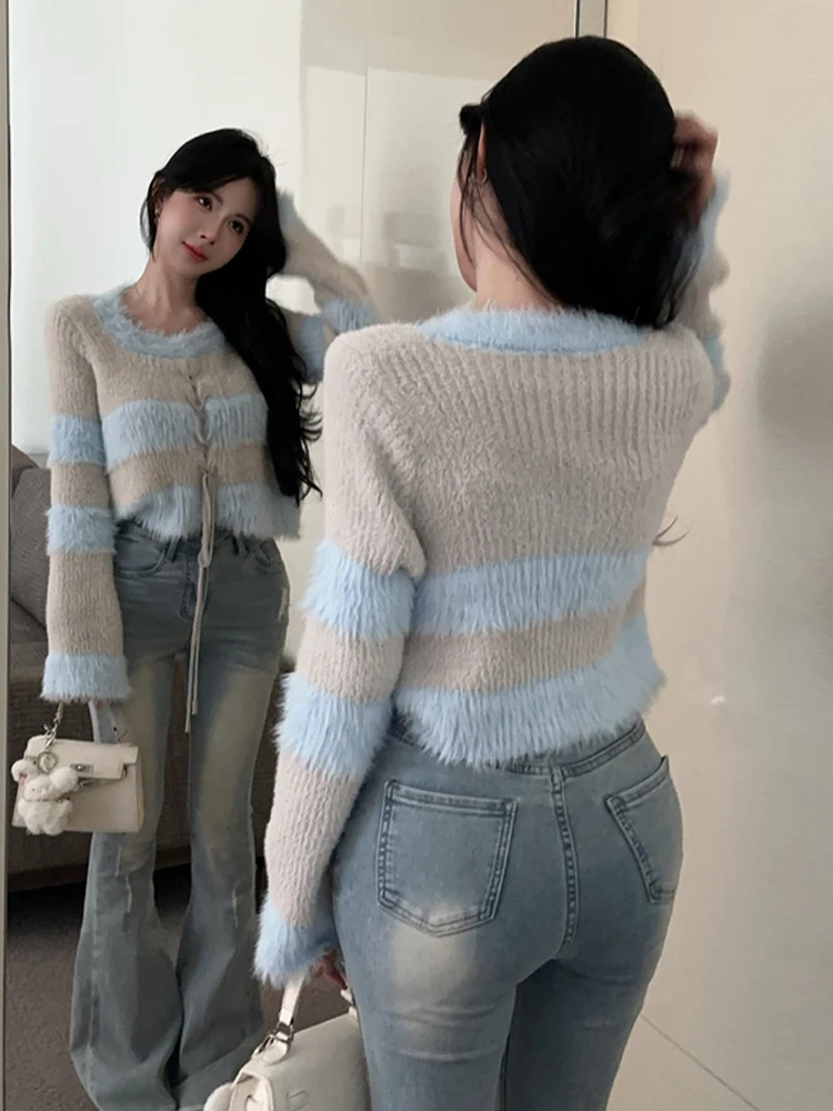 Morbido maglione lavorato a maglia a righe Plu sciolto dritto ort colore sexy Blo caldo Fce Top Sweet Sle esclusivo online primavera autunno