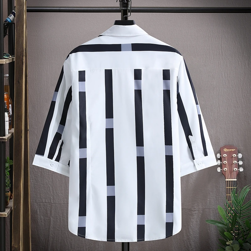 High Quality 2024 Summer New Men's Striped Shirts Outwear Tops Tees Business Casual Slim Fit Blouses Three Quarter Sleeve Shirt image 5