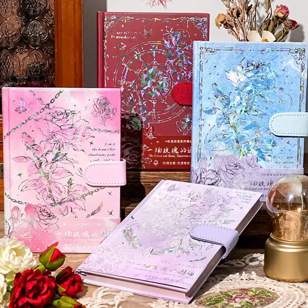 Exquisites Tagebuch-Notizbuch im Rosen-Stil, magnetischer Knopf, mehrschichtig, Retro-Rosen-Notizbuch, farbige Seiten, Geschenkaufkleber