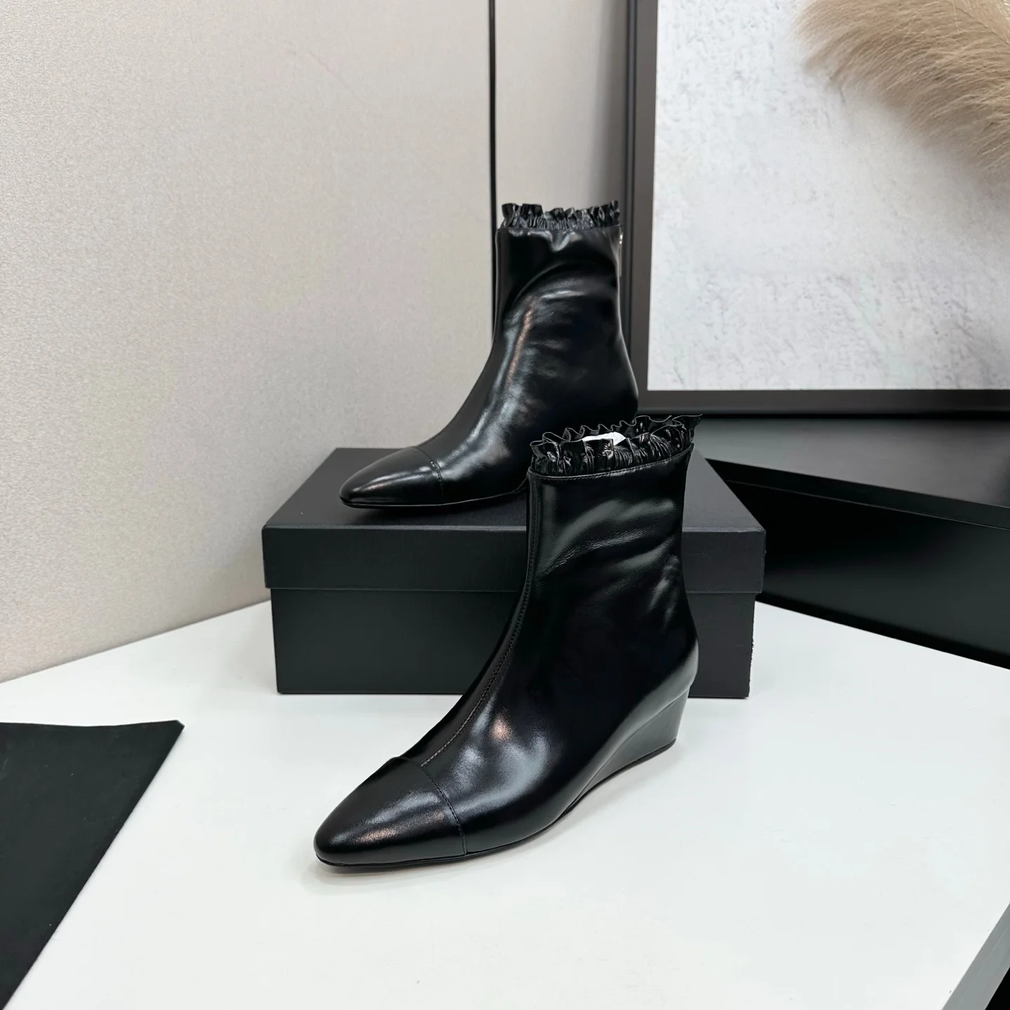 2026 High Quality Winter women shoes fashionable ruffle trim wedge ankle boots stylish daily footwear ch25080516