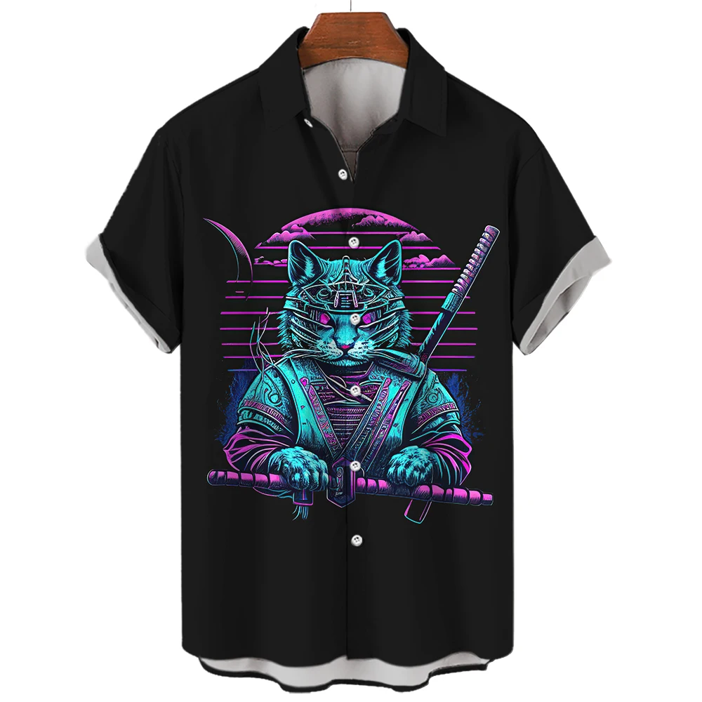 Japanese Bushido Cat Shirts for Men Clothing 3D Printed Hawaiian Beach Shirts Short Sleeve y2k Tops Vintage Clothes Lapel Blouse