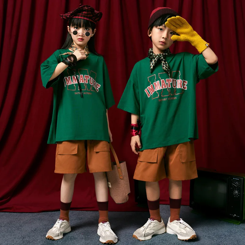 

Детская одежда в стиле хип-хоп Kpop, зеленые футболки, уличная одежда, шорты-карго для бега для девочек и мальчиков, костюм для джазовых танцев, одежда