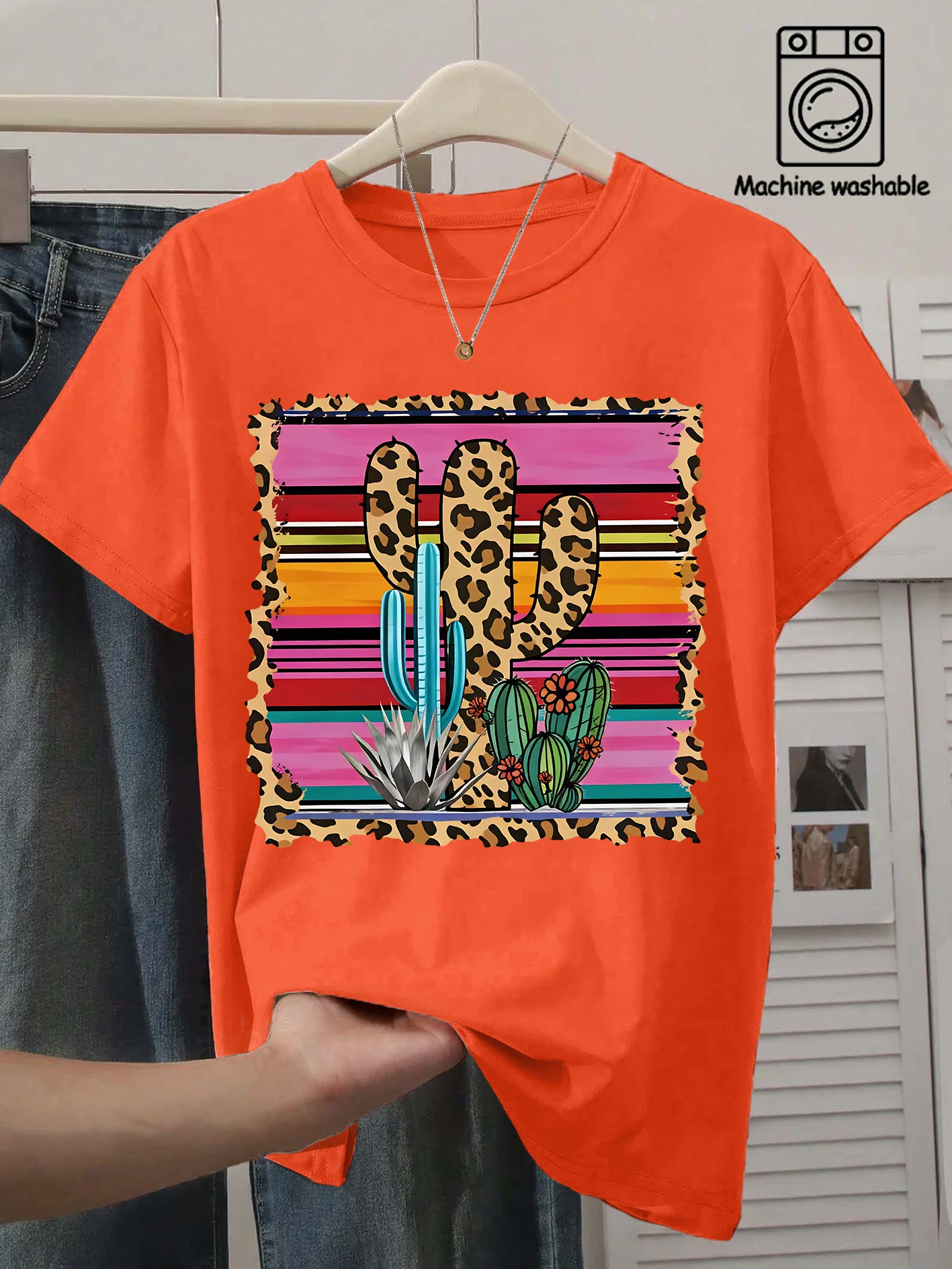 Ladies' Round Neck Leopard Print Cactus Western Landscape Printed  T-shirt with Soft Fabric and Fun Countryside Design