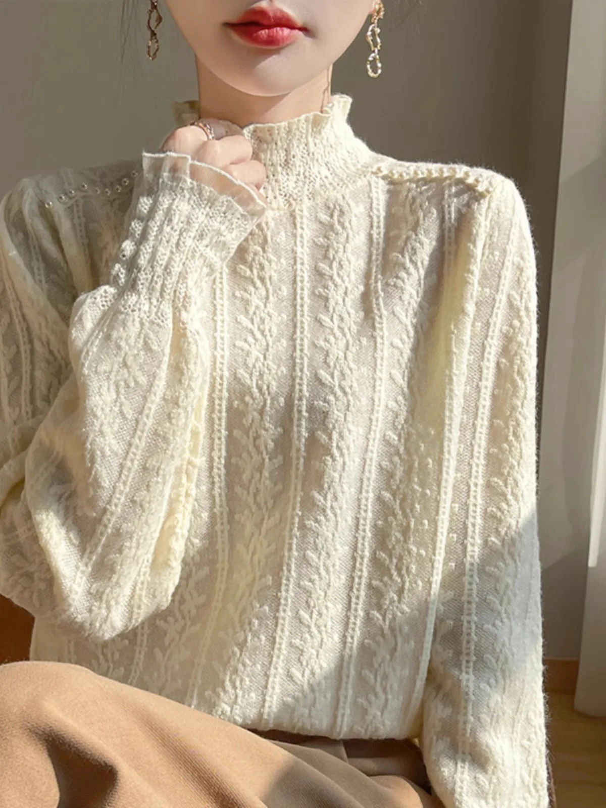 Ele high-end malha renda superior base feminina irt f gola alta camisola interior usar orelha de madeira design outono inverno