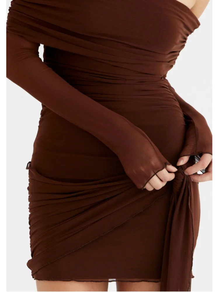 Articat sexy um ombro malha dupla camada vestido para mulheres apertado elástico plissado saia curta feminino férias festa clubwear