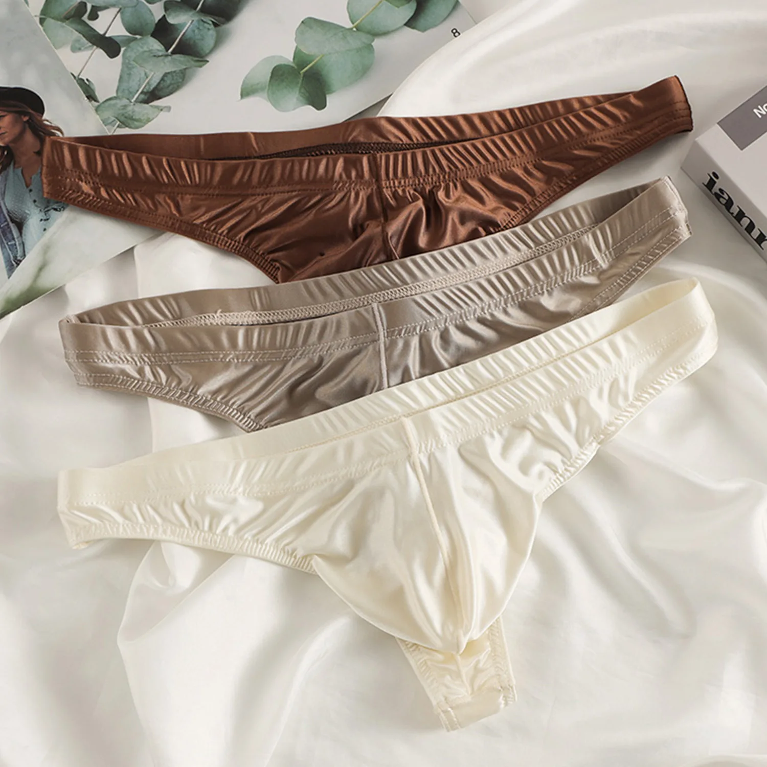 

Men's ice silk satin sexy thong with thong, silky bikini 3PCS
