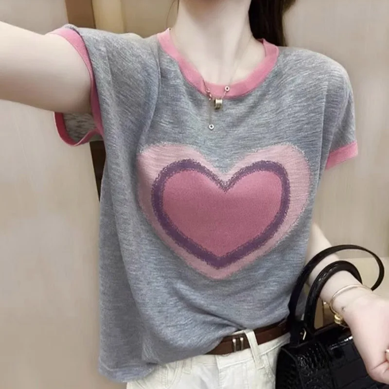 

Lightweight Pure Cotton round Ne ort Sve Base irt Casual Agel Summer Top Design Sensation Heart Pattern Patchwork...