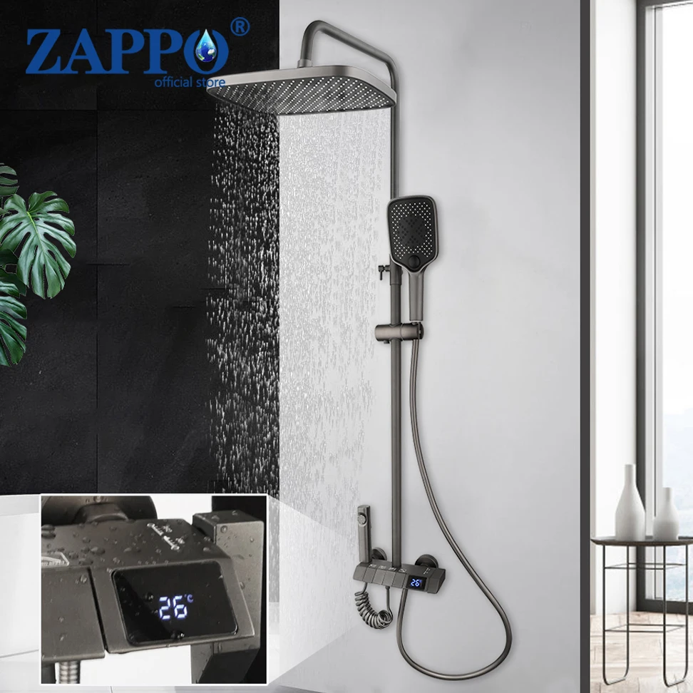 ZAPPO Grey Shower Faucet Set Digital Display Shower Mixer Piano Key Design Bathroom Rainfall Shower Set Hot Cold Water Mixers