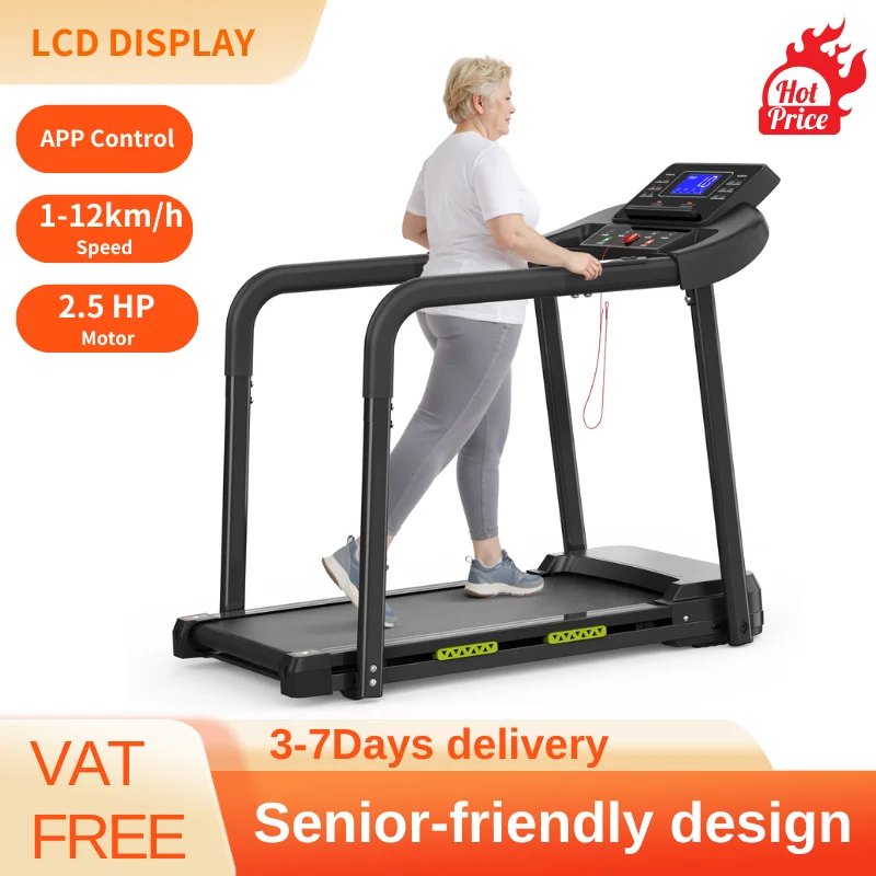 Klappbares Laufband für Senioren, sicheres Trainingsgerät mit langen Handläufen, großem LED-Display, APP, 135 kg Tragkraft