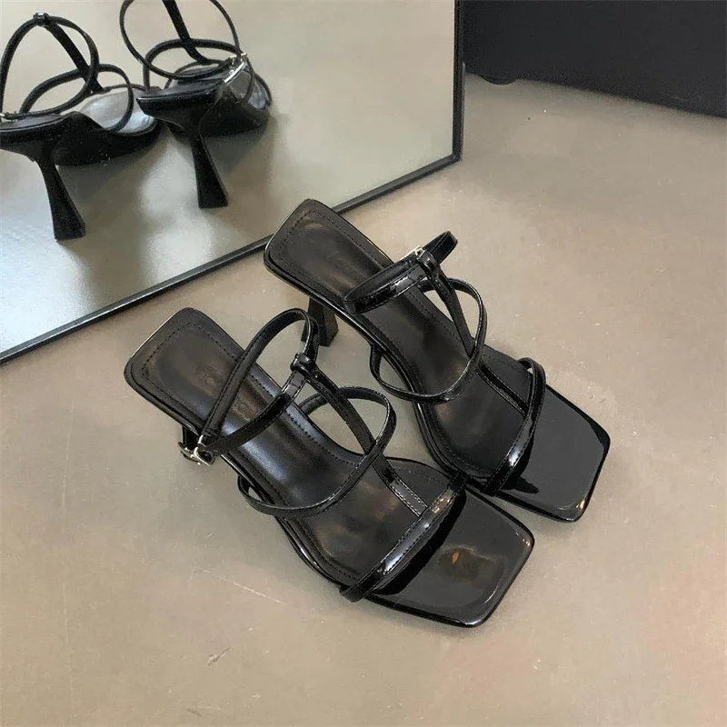 Женские сандалии с пряжкой на тонком ремешке, роскошные сандалии на тонком каблуке с квадратным носком, женские сандалии высокого качества на платформе для вечеринок Mujer