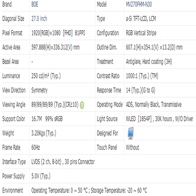 Imagem -06 - Polegada 1920x1080 Ips Lcd Lvds 99 Srgb 30pin Mv270fhm-n30 Mv270fhm-n02 Mv270fhm-n10 Mv270fhm-n20 Mv270fhm-n40 Mv270fhm-n41 27.0