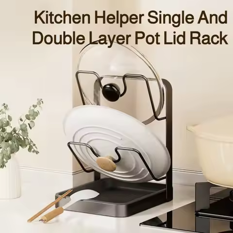NEW Kitchen Pot Lid Rack with Drainage Tray, Multi-Functional Countertop Cutting Board Storage Rack, Space-Saving Easy A