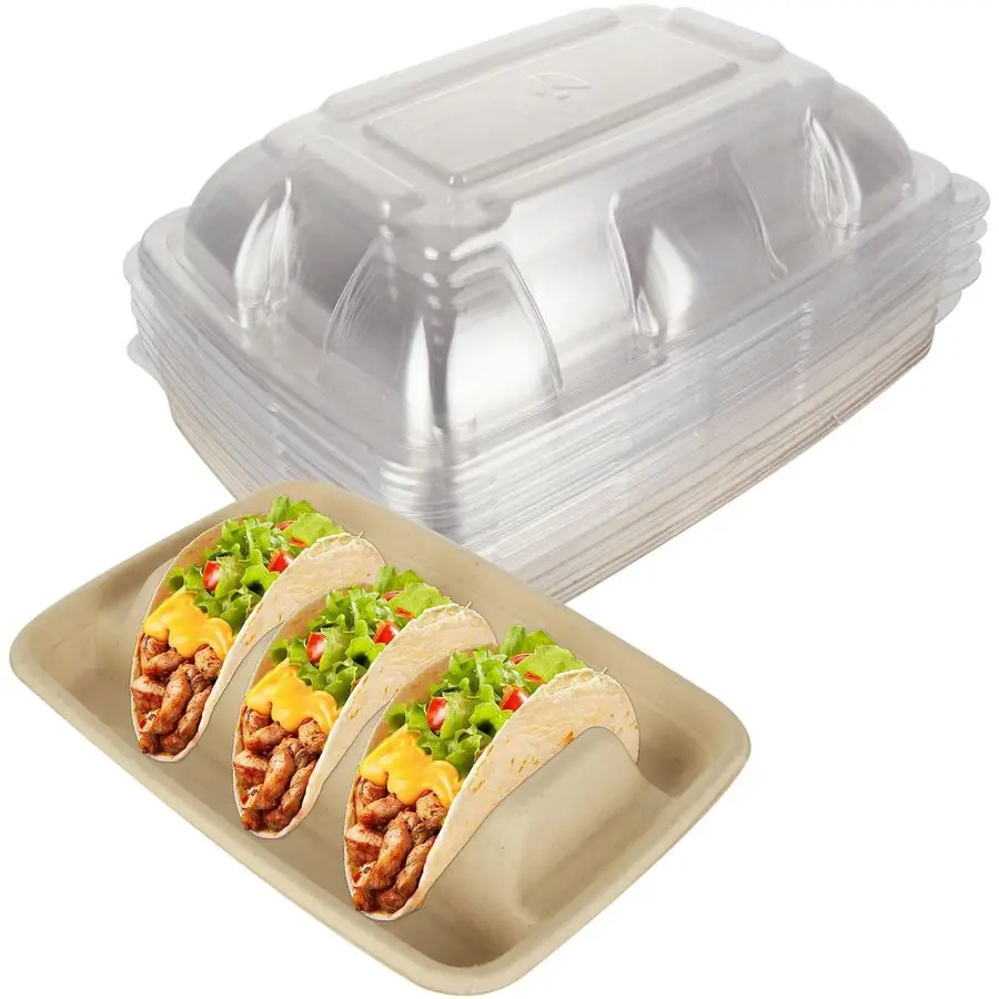 Soportes para tacos desechables con tapa para fiesta, platos de tacos de papel premium con divisores, soportes para bandeja Fiesta Taco para 3 tacos, Taco T