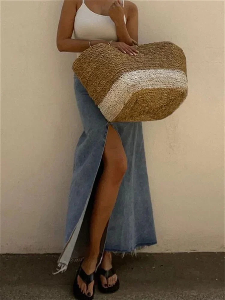 2025 ใหม่สบายๆเอวสูงกระโปรง DENIM ผู้หญิงแยก Maxi Jean กระโปรงฤดูร้อนวันหยุดกระโปรงยาว