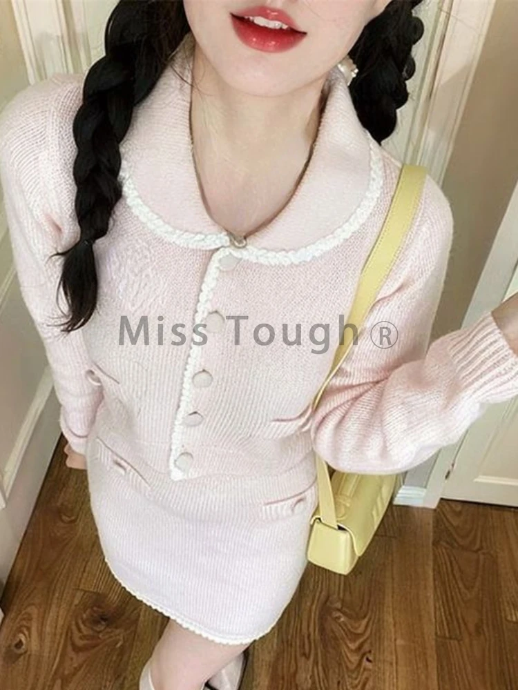 Auturn France Sweet Thin 2 Piece Set Women Cute Knitted Cardigan Tops+High Waist Mini Skirt Female Casual Pretty Solid Suit New