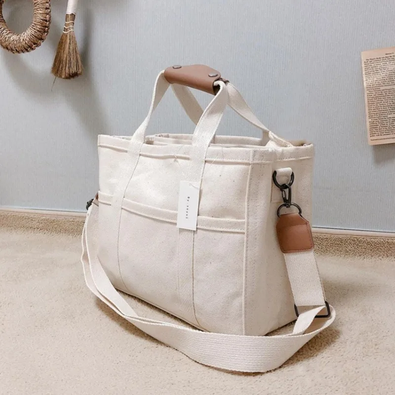 

Women's Casual Canvas Handbag Multi-pocket Large Capacity Tote Bag Adjustable Shoulder Strap Casual Shoulder Shopper Bag Female