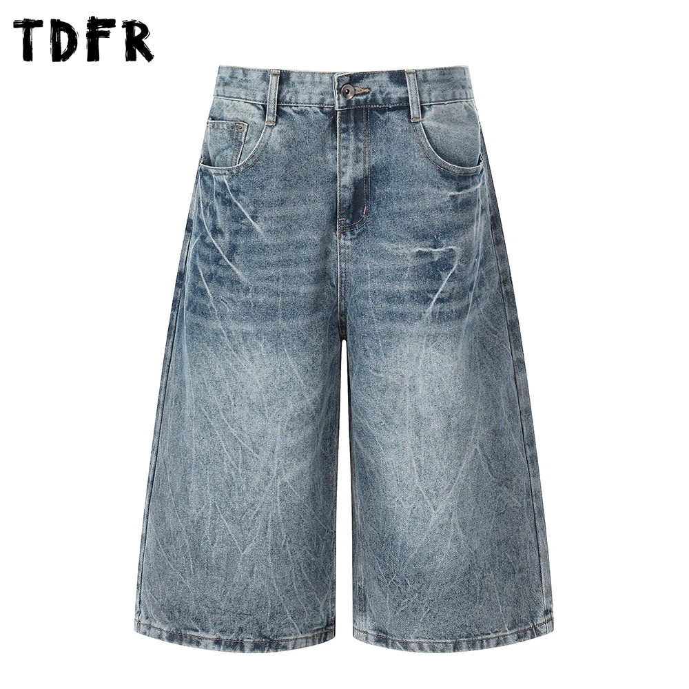 

Washed Distressed Denim Shorts Mens Summer Pocket Retro Casual Baggy Wide Leg Short Jeans Man