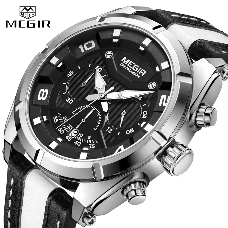 MEGIR นาฬิกาผู้ชายแบรนด์หรูหนังทหารกีฬา Chronograph ควอตซ์ Mens นาฬิกา Big Dial กันน้ํา Relogio Masculino