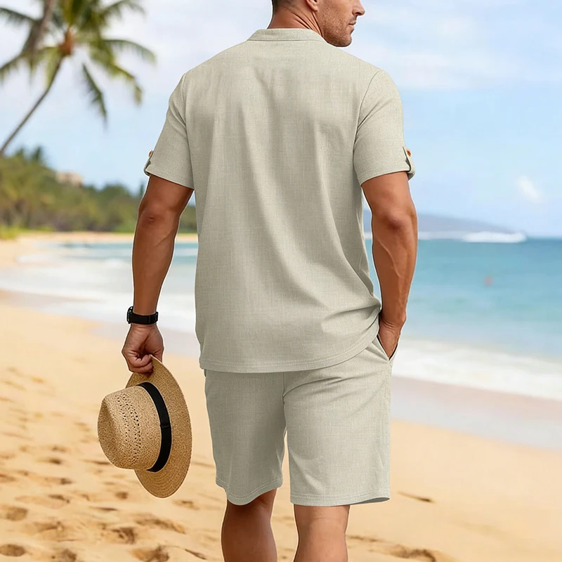 Conjunto de camisa Henley y pantalones cortos para hombre, con apariencia de lino y poliéster, cuello alto, con botones, informal, transpirable, para verano y playa, conjunto de 2 piezas.