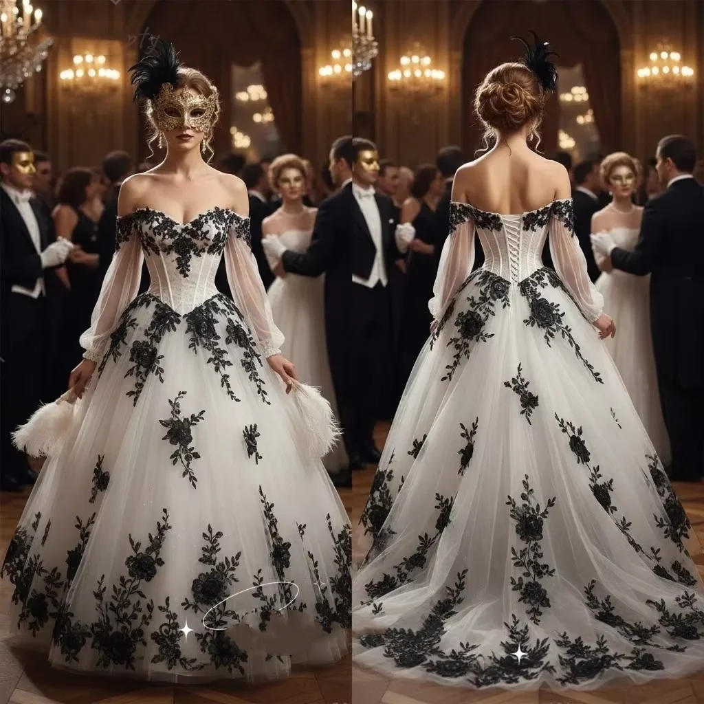 Vintage Black And White Wedding Dress Long Sleeves Gothic Bridal Gown Lace Appliques Lace-Up Corset Bride Wear Customized