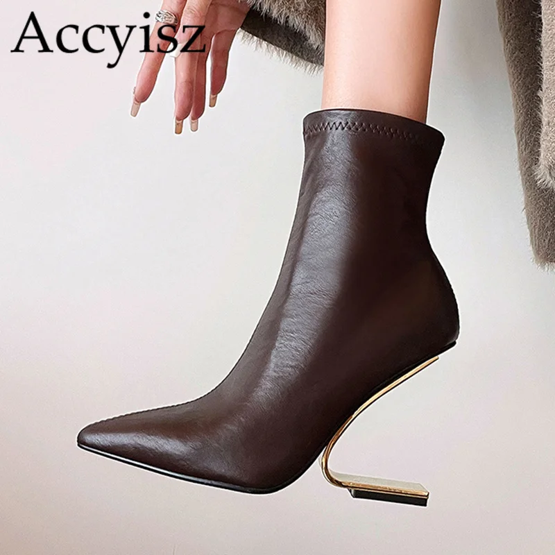 

Pointed Toe Strange Style Elastic Boots Women's Autumn Winter Genuine Leather High Heels Ankle Bboots Sides Zipper Short Botas